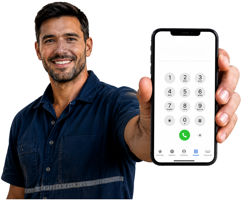 Eastwood Blocked Drains plumber holding a phone — call 1300 261 965