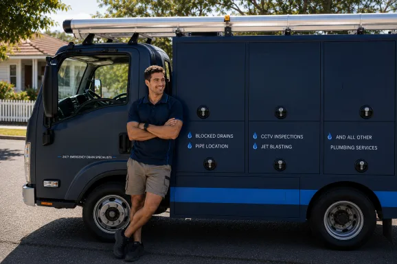 Plumber standing beside a service van in Eastwood