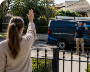 Customer waving goodbye to a Eastwood Blocked Drains plumber